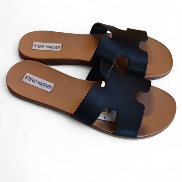 Steve Madden Leather H-Band Slide Flat Sandal Black 9 NIB - Picture 4 of 10